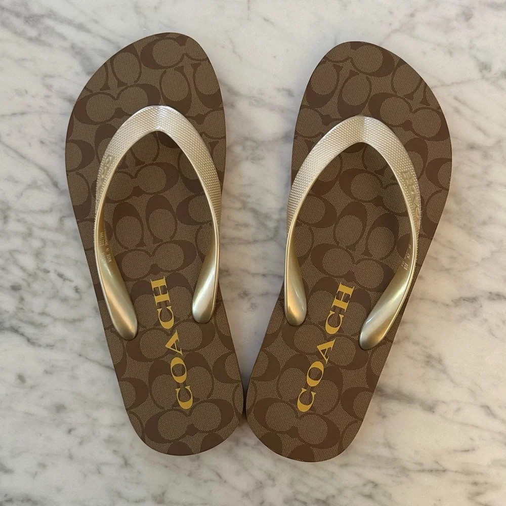 NWT NEW Coach Zak LOGO FLIP FLOP Khaki / Gold SIZE 7 - Picture 2 of 9